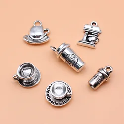 6pcs Antique Silver Color Coffee Charms Collection For DIY Jewelry Making, 6 Styles, 1 of Each