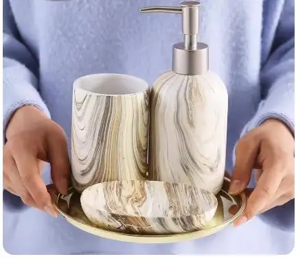 

Ceramic Bathroom Kit Wood Grain Lotion Bottle/Mouthwash Cup/Soap Dish Nordic Home Furnishing Hotel Bathroom Accessories Sets