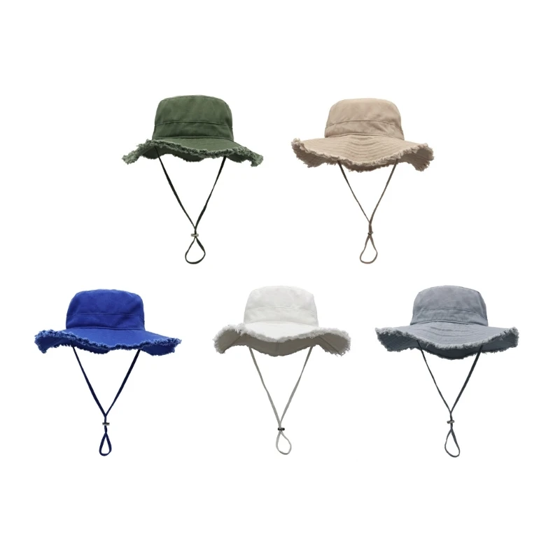 Outdoor Bucket Hat Multiple Color Can Choose Frayed Design Bucket Hat Summer Sunproof Fisherman with Adjust Chin Rope