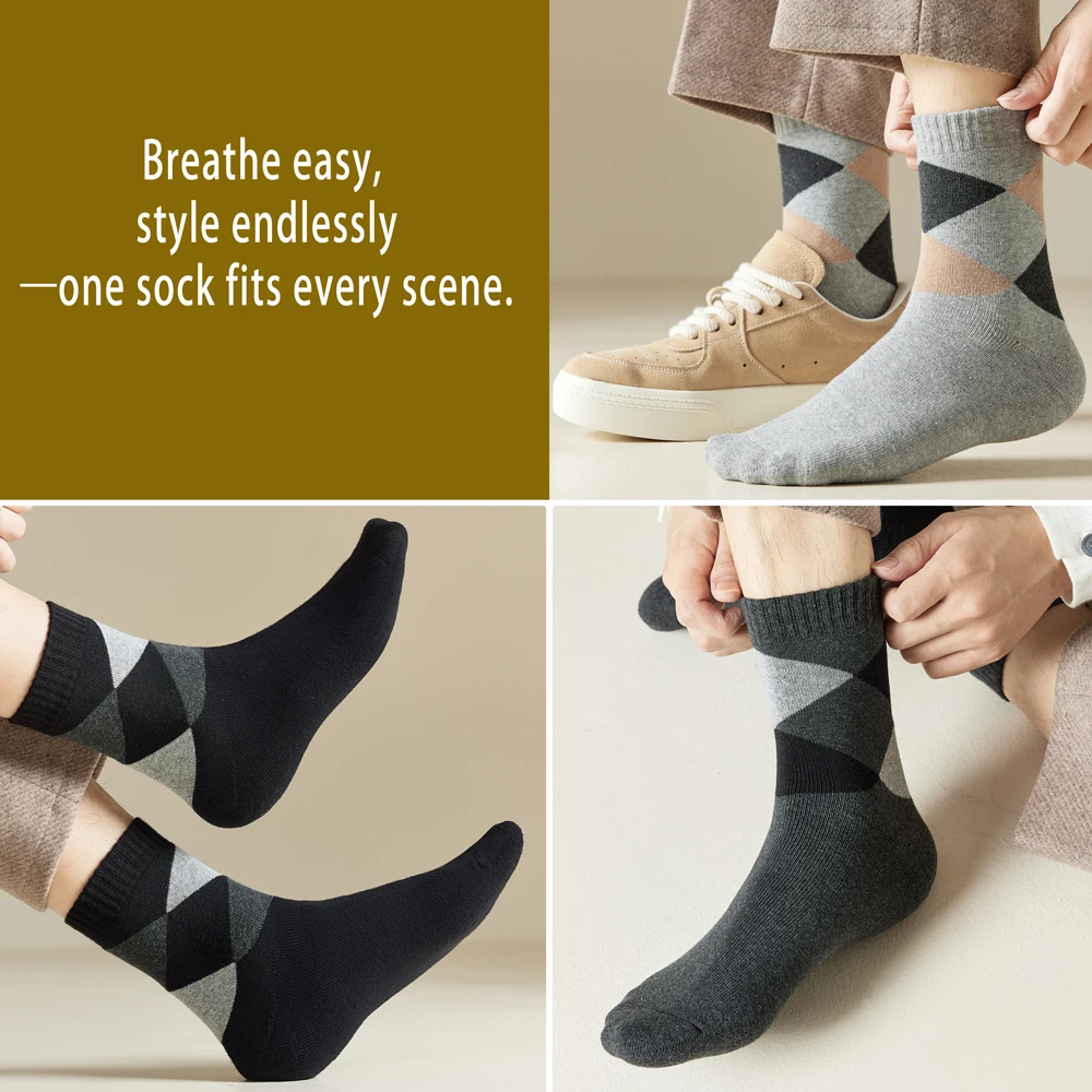 Meias masculinas retrô de algodão argyle, forradas de lã, sola felpuda, meias longas de algodão anti-odor, meias de cano médio para o calor do inverno