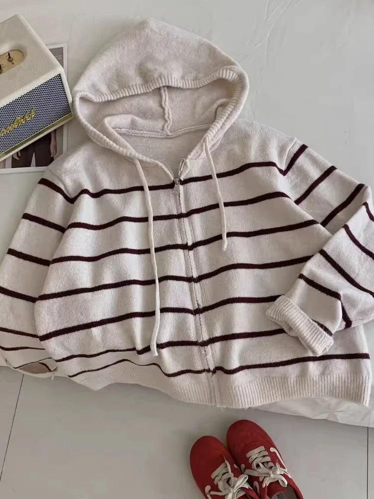 Ladies' Hooded Long Sve Striped Color Blo Knitwear Spring Autumn New Sle Unique Beautiful Top Soft Korean Loose Fit