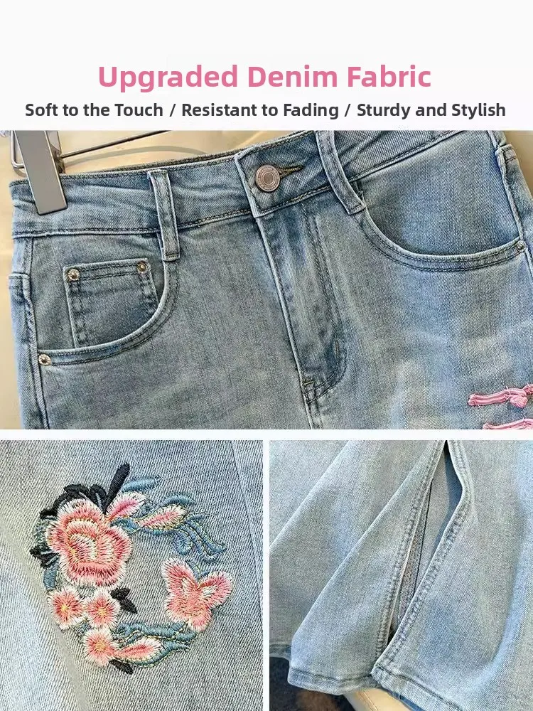 Hohe Taille Schlitz A-Linie Rock Damen bestickt Denim Rock Frühling Sommer Faion Ele vielseitig chinesische Sle