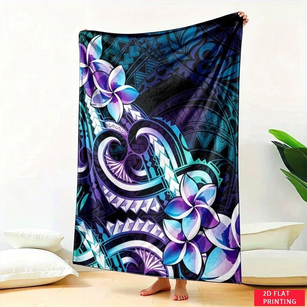 Purple Blue Tribal Floral Bohemian Fleece Blanket For Free-Spirited Bedroom Decor Lightweight Plush Throw Blanket Accent