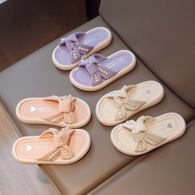 Girls Summer Slippers Korean Style Pearl Design Shoes Kids Fashion Cute Cross Beaded Children Outwear Slippers pantufa AliExpress