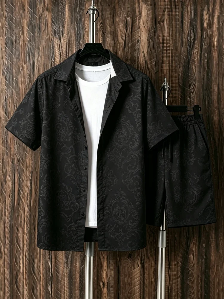 

Men's Luxury Black Damask Print Button-Down Shirt and Shorts Set, Loose Fit Comfortable Streetwear