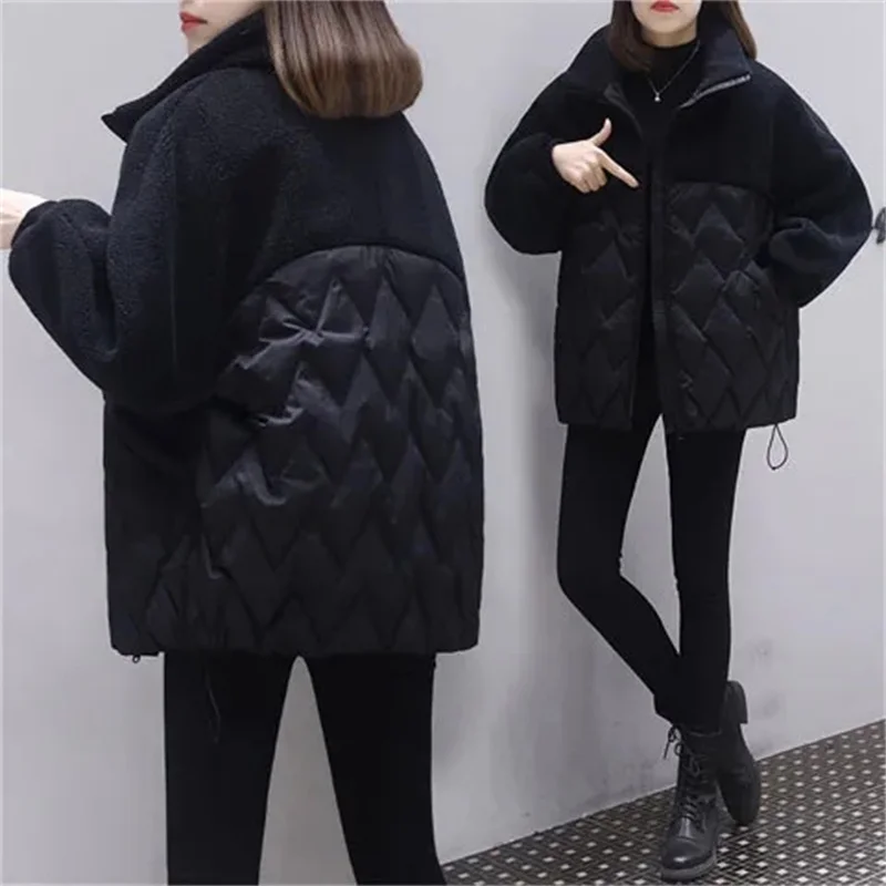 

Korean Women Long Sleeves Parkas Tops Winter Femme Fashion Stand Collar Down Cotton Jacket Lady Casual Patchwork Lamb Wool Coat