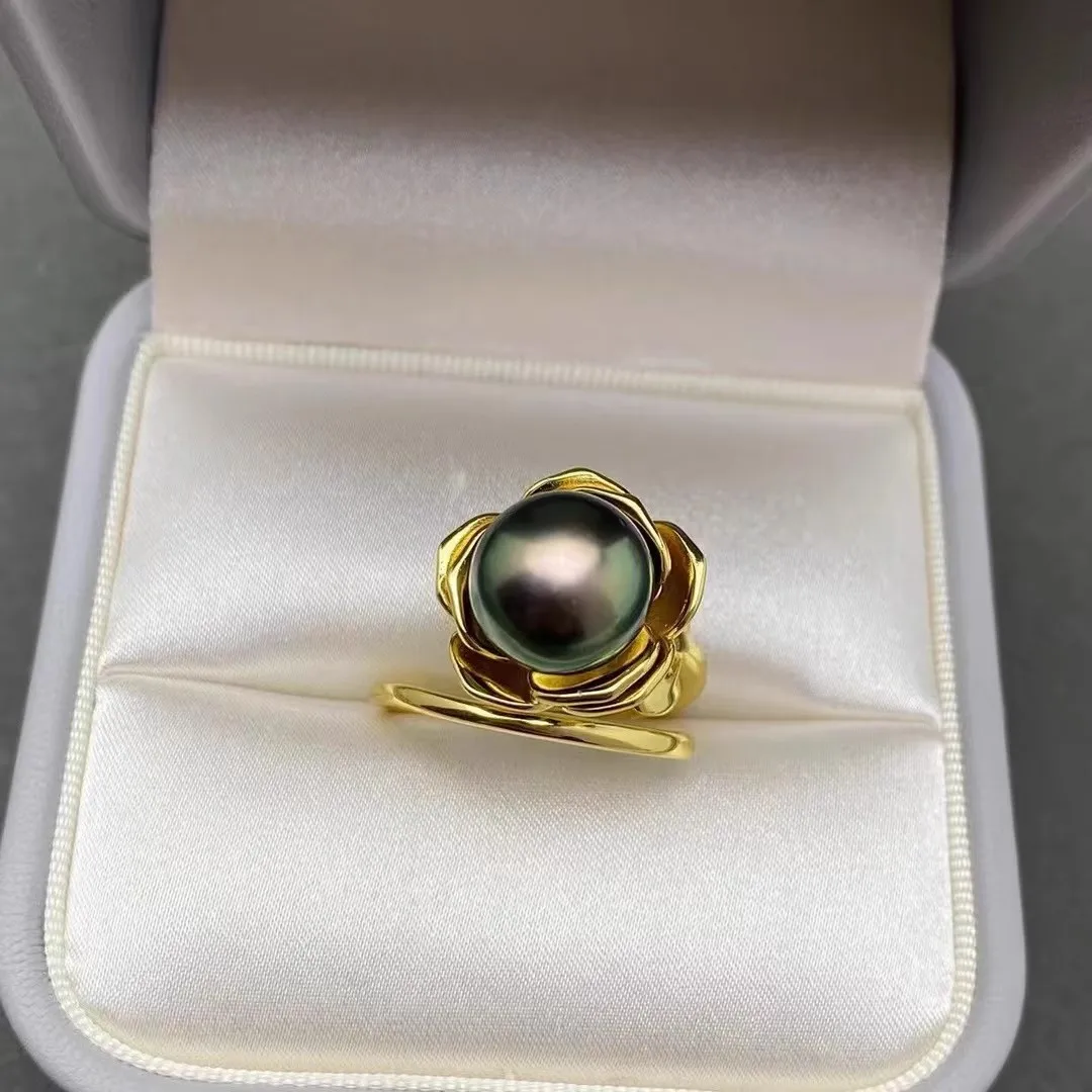 2025-New Product Ring AAAA10-11mm Natural Tahitian Round Pearl Opening Ring 925s