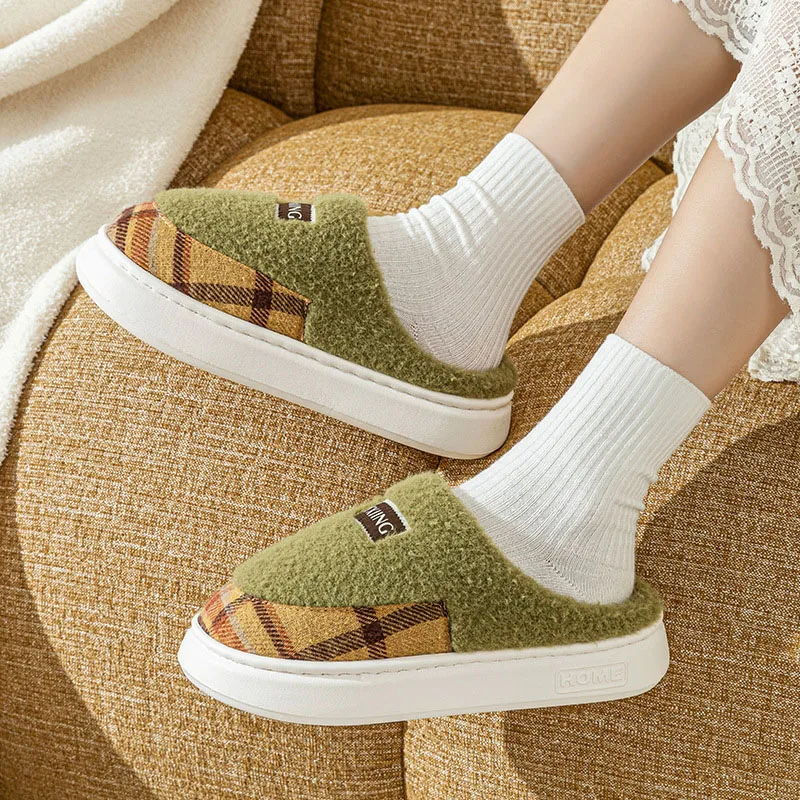 

New Unisex Thickened Warm Home Cotton Shoes Women's Colorful Plaid House Slippers Indoor Soft Flat Coral Fleece Thermal Slippers