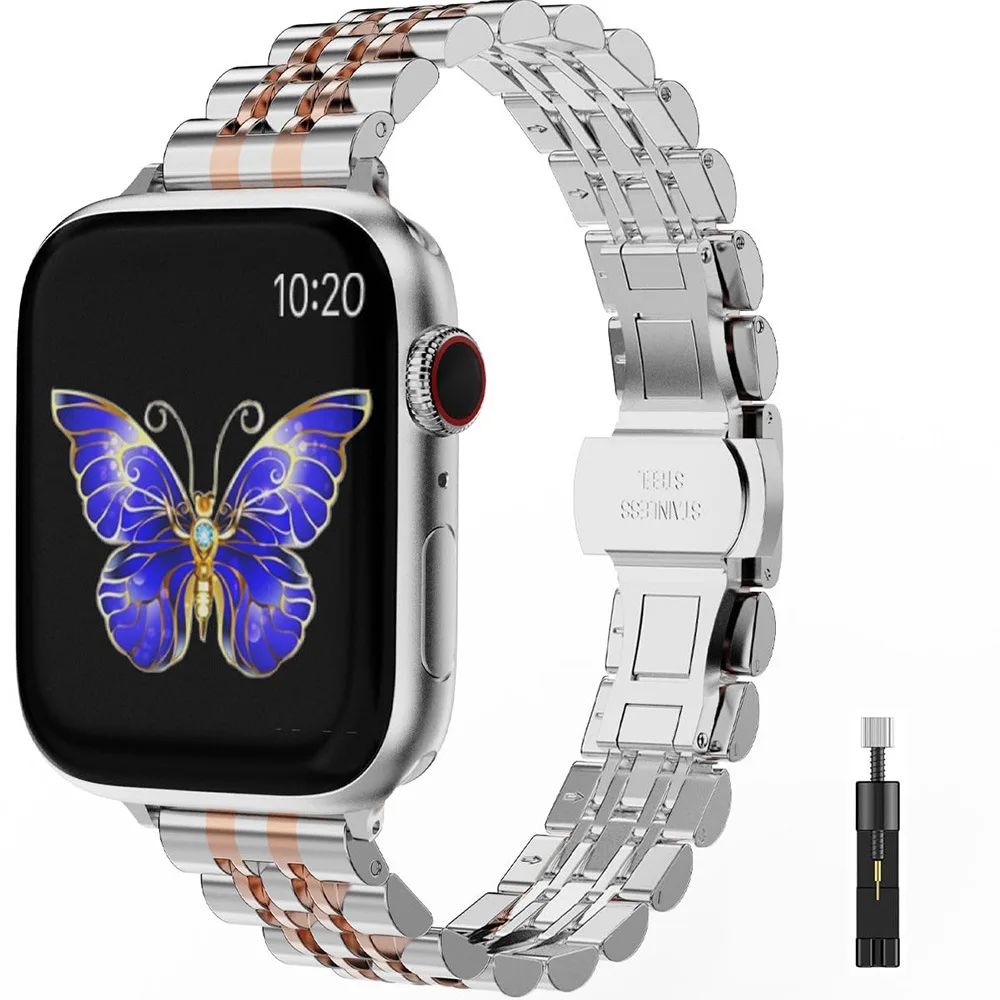 Edelstahl-Uhrenarmband für ApplewatchS10, kleines Metallarmband mit sieben Perlen, massives Edelstahl-Kristall-Metallarmband