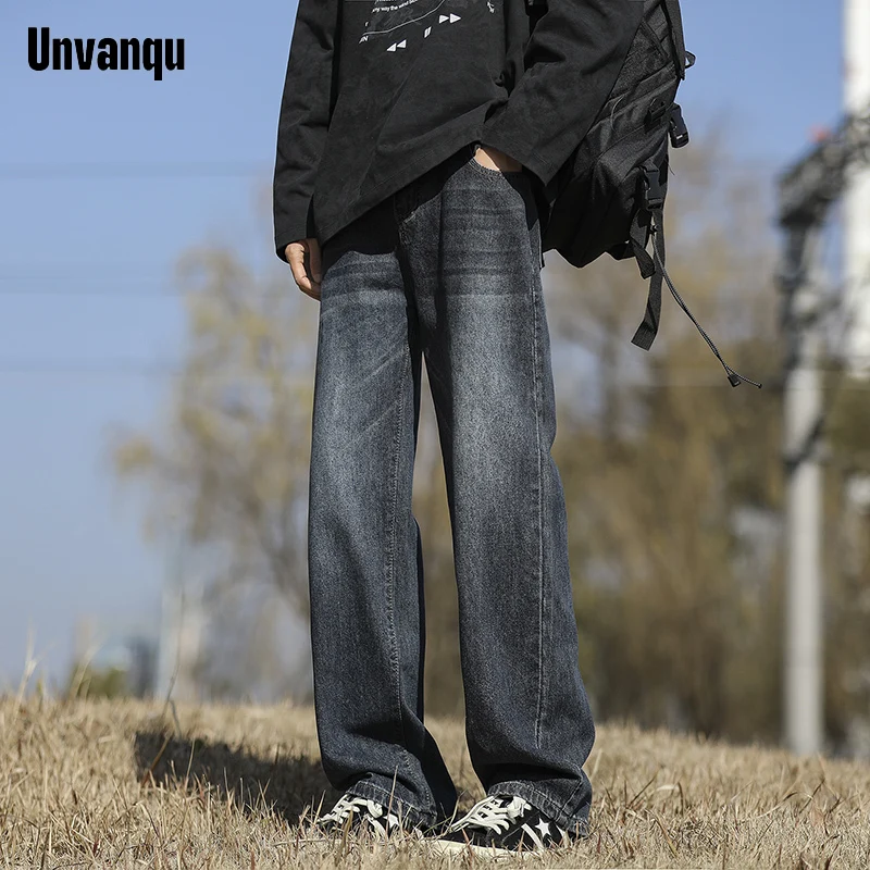 Unvanqu 2024 Spring Summer Fashion Street Simple Loose Straight Jeans Men\'s Casual Wide Leg Pants Jogging Hip Hop Denim Trousers