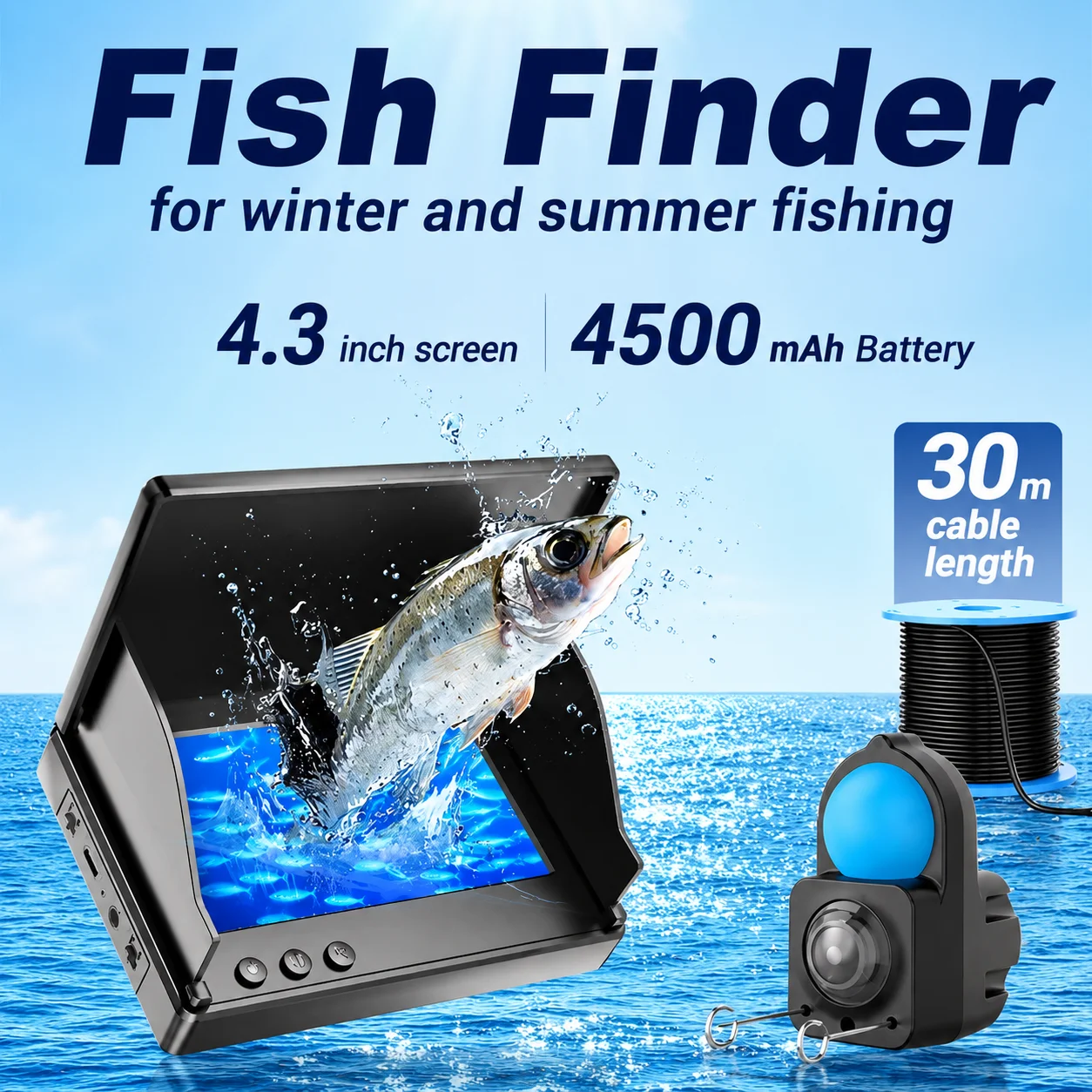 Underwater Fishing Camera 4.3'' LCD Display 1080P HD, IP68 Waterproof Infrared Night Vision Fish Depth Finder with 15m/30m Cable