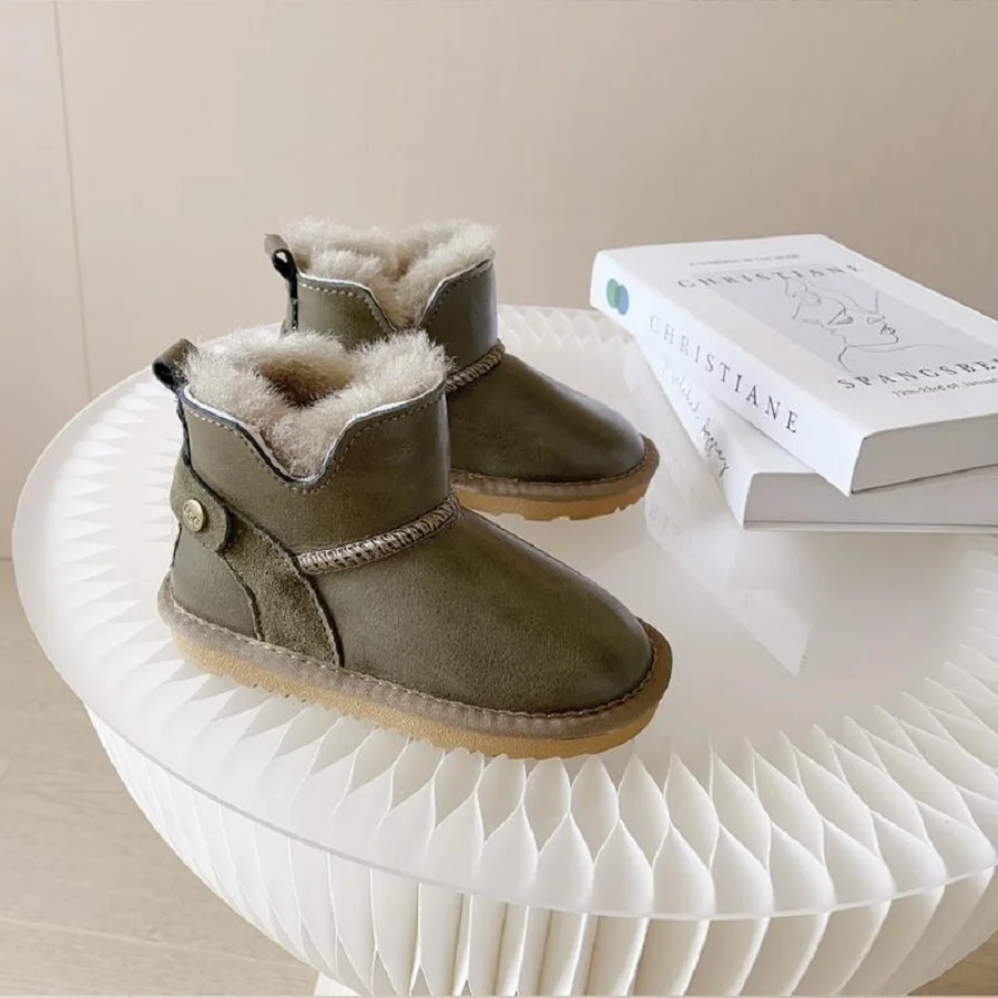 Winter New Children's Snow Boots Leather fur Integrated Plush Cotton Shoes Men's Girls' Snow Anti-skid Casual Short Boots 25-35