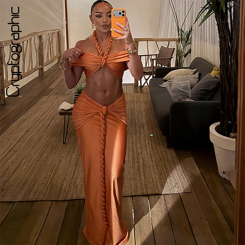 

Cryptographic One Shoulder Ruched Elegant Women's Dress Rope Halter Top Skirt Sets Outfits Bodycon Fashion Co-ord Sets Orange