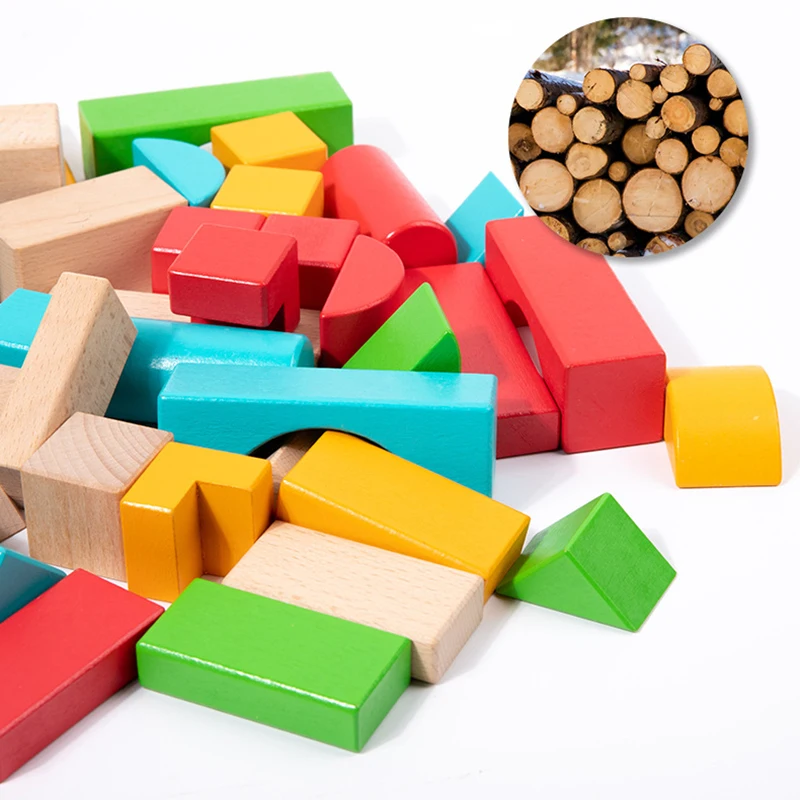 50pcs/set Wooden Geometry Rainbow Stacking Building Blocks Toys Big Blocks Assembly Stacker Game with Wood Box Educational Gifts