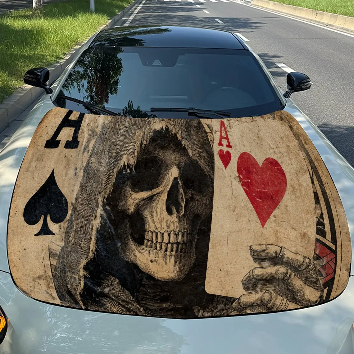 グレーのフード付きスケルトンポーカーカードpvcカーフードラップ、自己粘着防水カーボンネットデカールステッカー、車の装飾保護