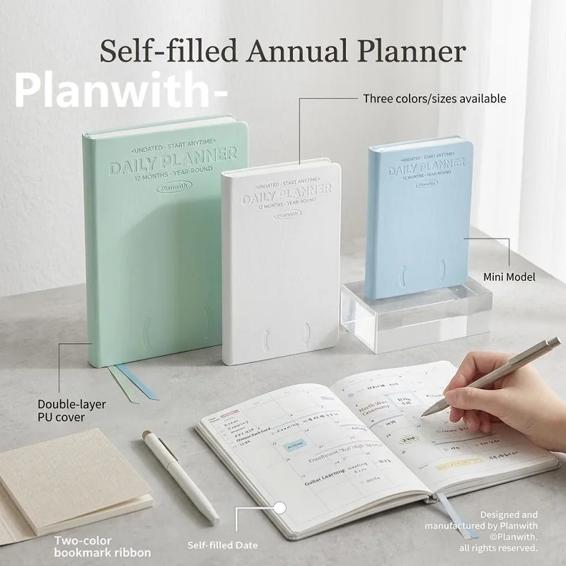 Planwith Self-fill Undated Year Planner A5/MINI Size Notebook PU Leather Cover Multi-functional Inner Pages Daily Weekly Monthly
