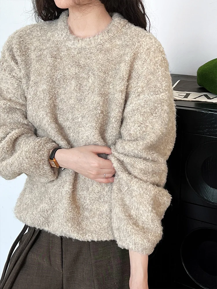 

O Neck Pullover Long Sleeve Cashmere Elegant Sweater Sweet Loose Solid Colored Knitwear Women 2024 Spring Autumn X605