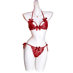 2-Piece Lingerie Set Sexy Lace Bra Set Semi-sheer Halter Bra And Panties Sets Briefs Set Women Deep V Red Transparent G-string