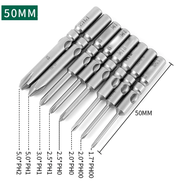 

10pcs 801 Electric Screwdriver bit 50mm Length 5mm Round Shank Magnetic Phillips Cross Screw driver Bits set PH00 PH0 PH1 PH2