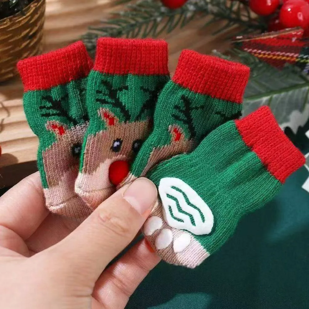 3D Red Nose Christmas Reindeer Dog Socks Non-Slip Elastic Pet Dog Paw Sock Anti-Scratch Cartoon Dog Paw Protector New Year