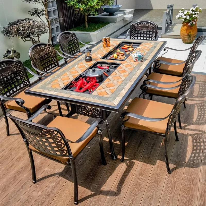 

Outdoor Garden Table Terrace Household BBQ Grill Cast Aluminum Courtyard Outdoor Villa Leisure Chairs Outdoor BBQ Table and Chai