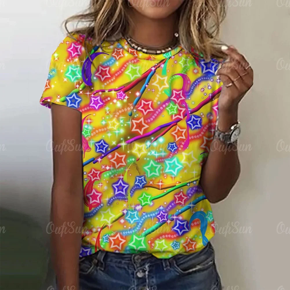 

New Glitter Sparkle T-Shirt Rainbow Colorful Print Trendy T Shirts Short Sleeves Casual Tshirt Beach Printed Top Tees Large Size