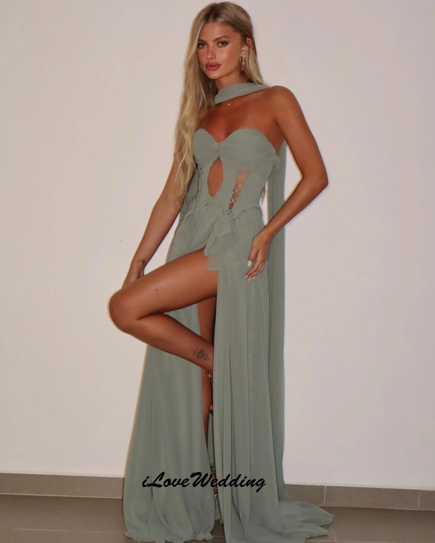 

Grey-Green Strapless V-Neck Prom Dress 2025 Chiffon A-Line Lace-Up Sexy Women Party Dress Ribbons Elegant Maxi Dress Customized