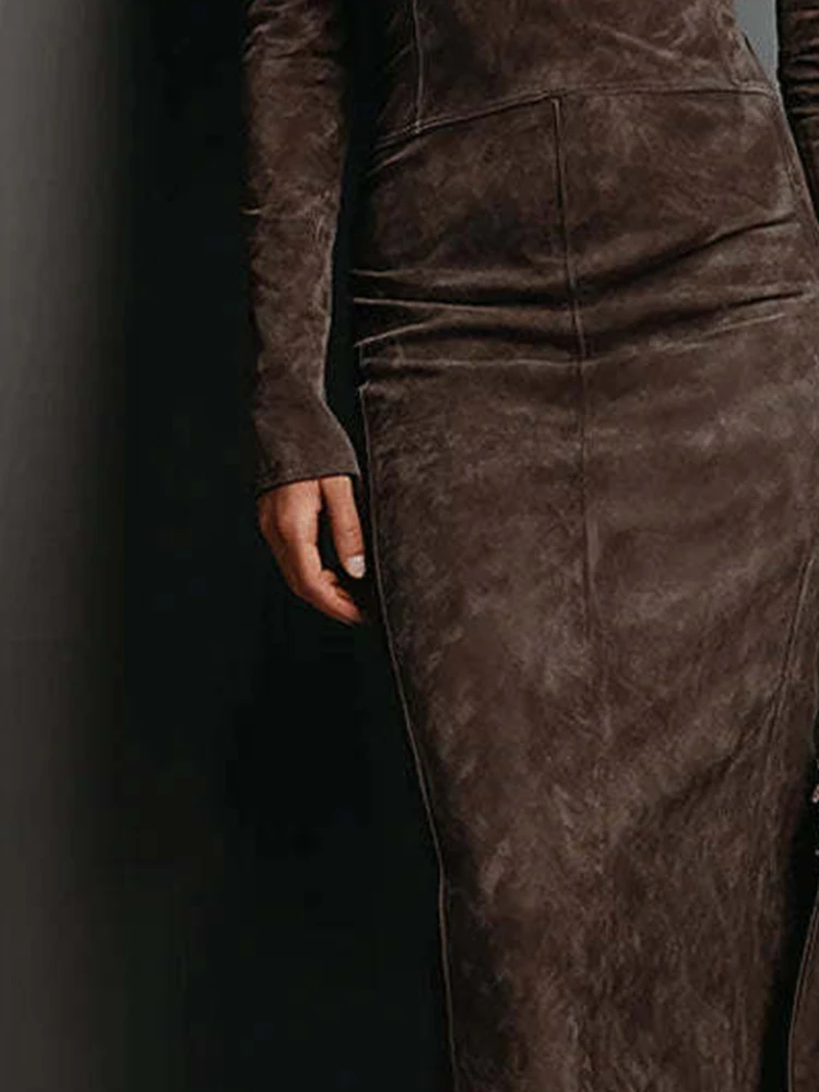 

American Retro Long Dress for Women Solid Long Sleeves High Collar Maxi Dress Temperament Elegant High Street Bodycon Hip Dress