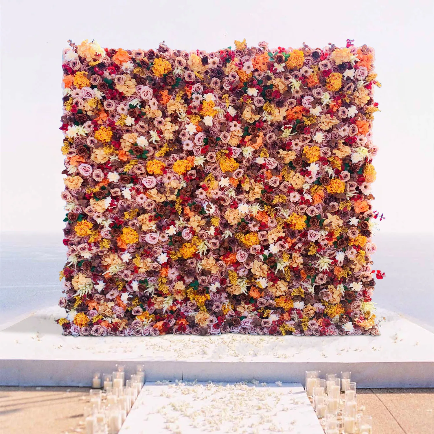 Uflower Autumn Orange Rose Wedding Artificial Flower Wall Floral Arch Row Backdrop Event Party Props Flower Floral Arrangement