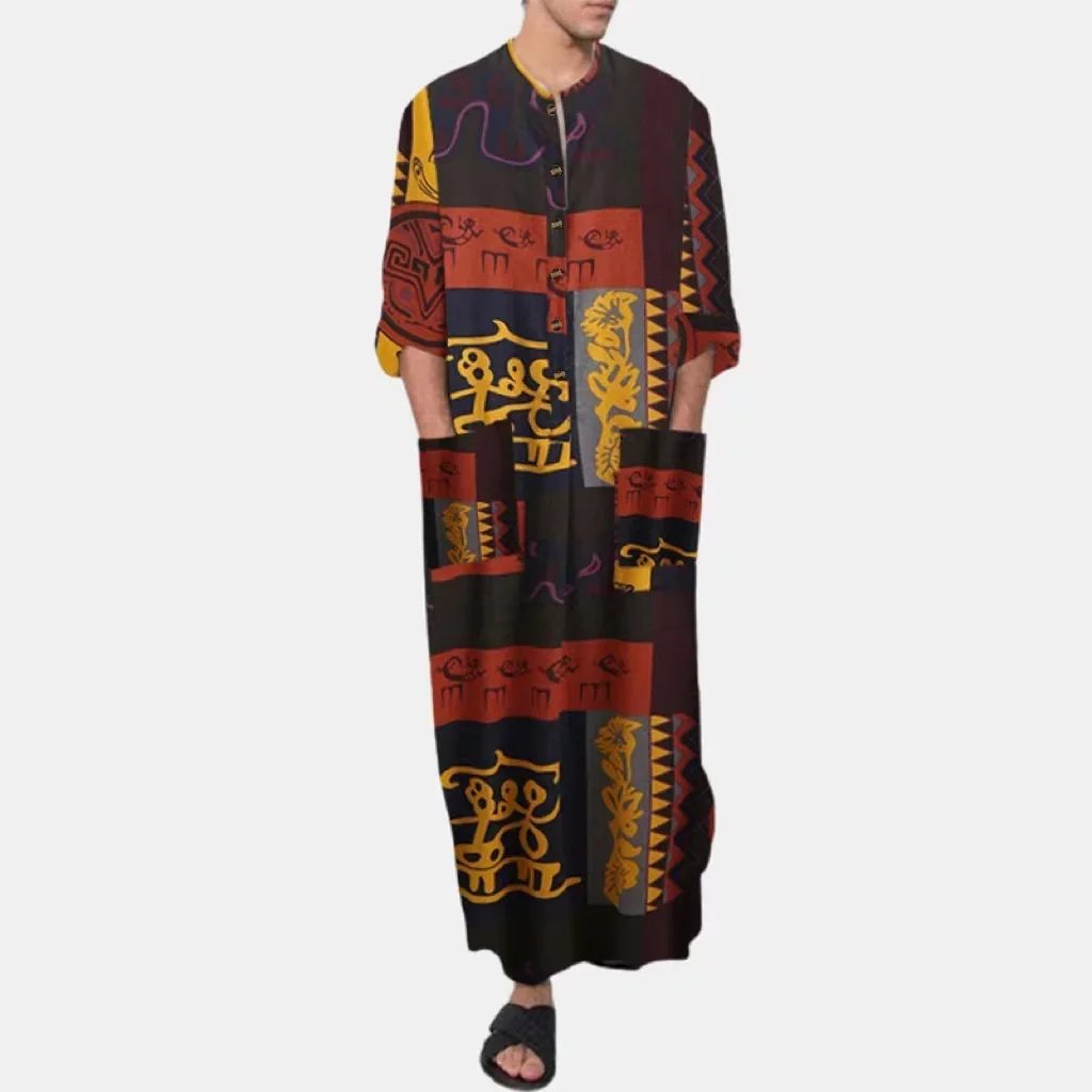 2023 Men Muslim Robes Ethnic Print Long Sleeve Pockets Loose Casual Robe Abaya Islamic Arabia Kaftan Man Dubai Kaftan Abayas