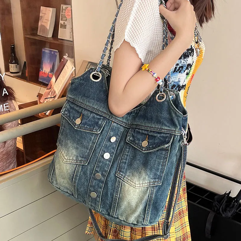 Borse Vintage in Denim lavato per borsa da donna borse a tracolla chian moda donna semplice grande capacità studente signore grandi Totes