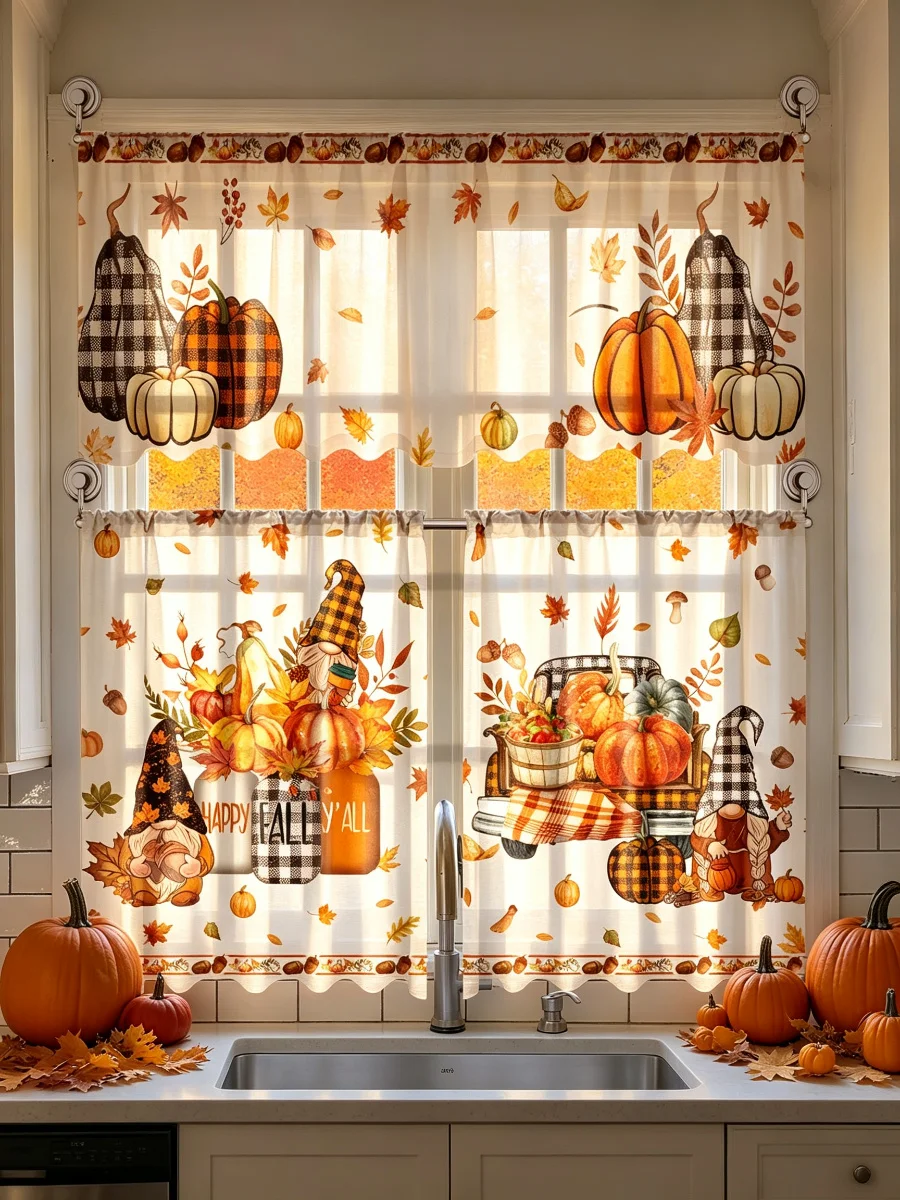  Fall Kitchen Curtains, Pumpkin Gnome Buffalo Plaid Print, Autumn Harvest Farmhouse Small Window Kitchen Decor