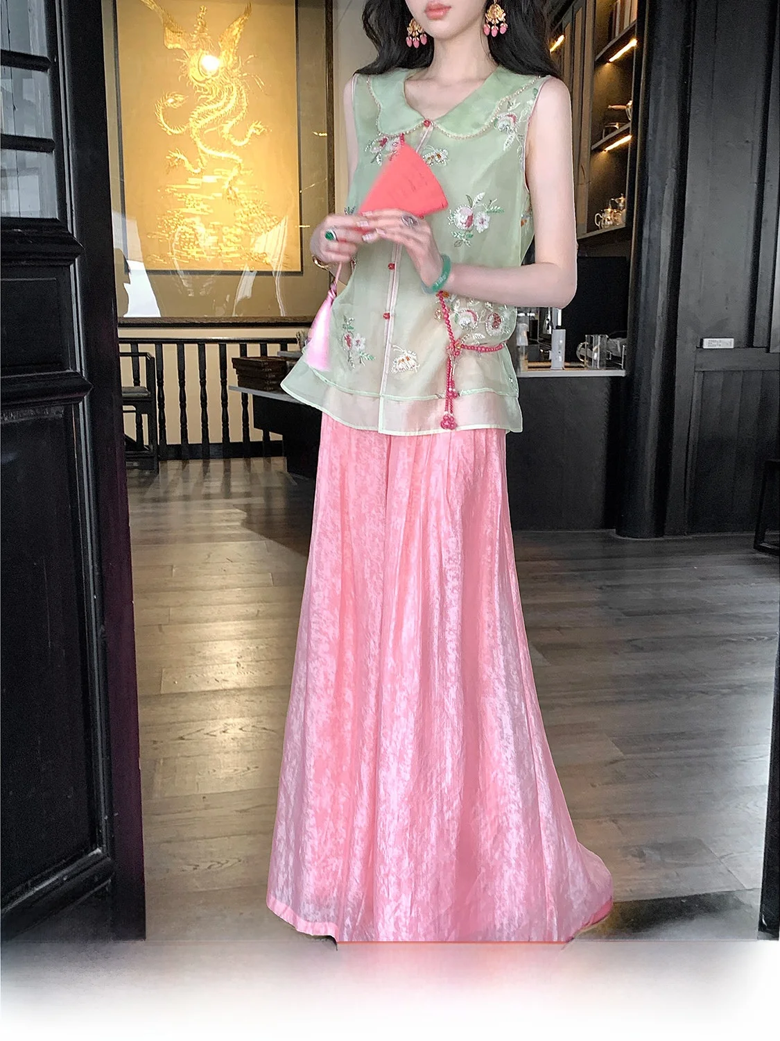 Syqiao Silk Wide Leg Pants New Chinese Style Pleated Pearl Women's Loose Long Trousers Comfortable Breathable Casual Pants