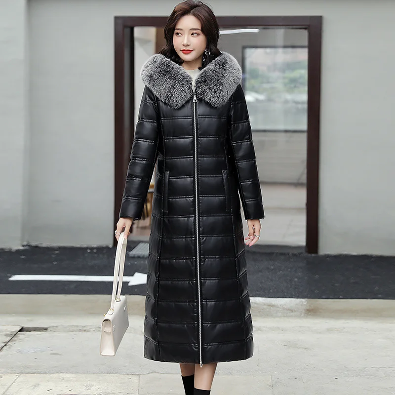 ลงใหม่ผู้หญิง Sheepskin Coat ฤดูใบไม้ร่วงฤดูหนาว2023แฟชั่นหรูหรา Warm Fox Fur Collar Slim หนายาวหนังลงเสื้อกันหนาว