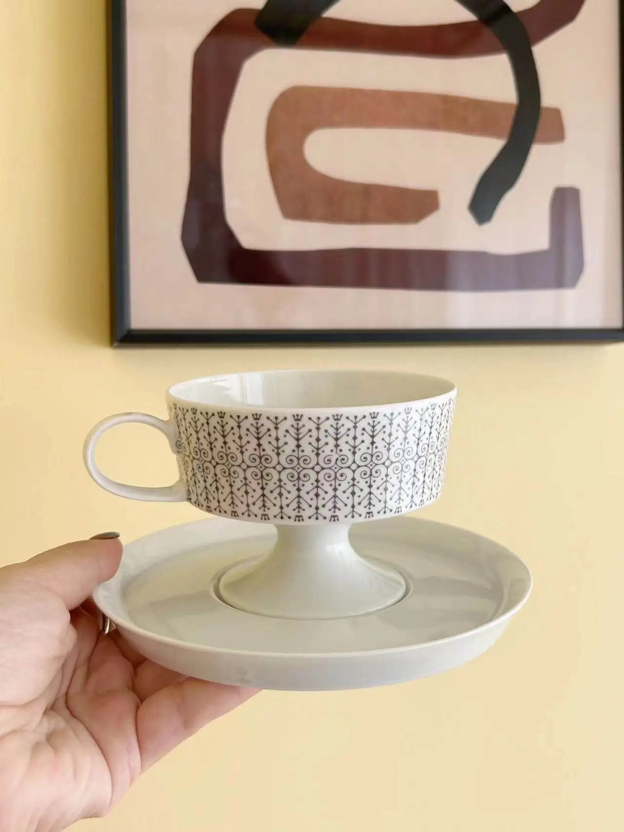 L-color pattern tall coffee cup and saucer 