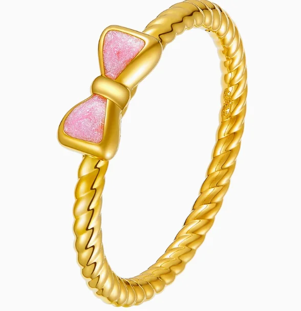 

999 real gold wedding rings paint pink bow rings 24k pure gold ribbon finger rings for women