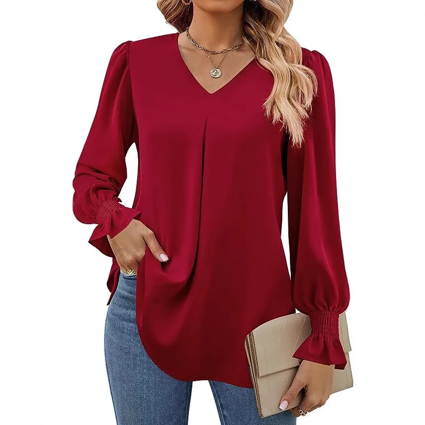 Fashion Simple Solid Color Pullover Shirt Women Loose V-neck Flared Sleeve Shirts Top Female Elegant Commuting Clothing 2026 New