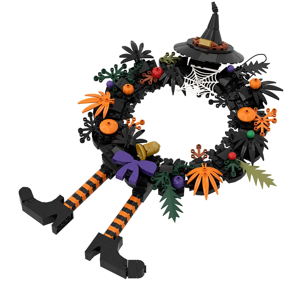 SETBRICKS MOC Halloween Wreath Long Legged Witch Building Blocks Hanging Front Door Decorative Indoor Outdoor Decoration Pendant