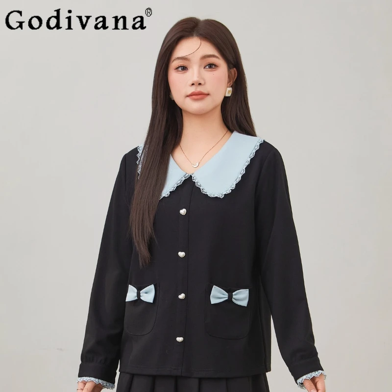 

Large Size Girl Age Reduction Sweet Peter Pan Collar Versatile Knitted Shirt Cute Bow Elegant Lace Simple Chic Long Sleeve Top