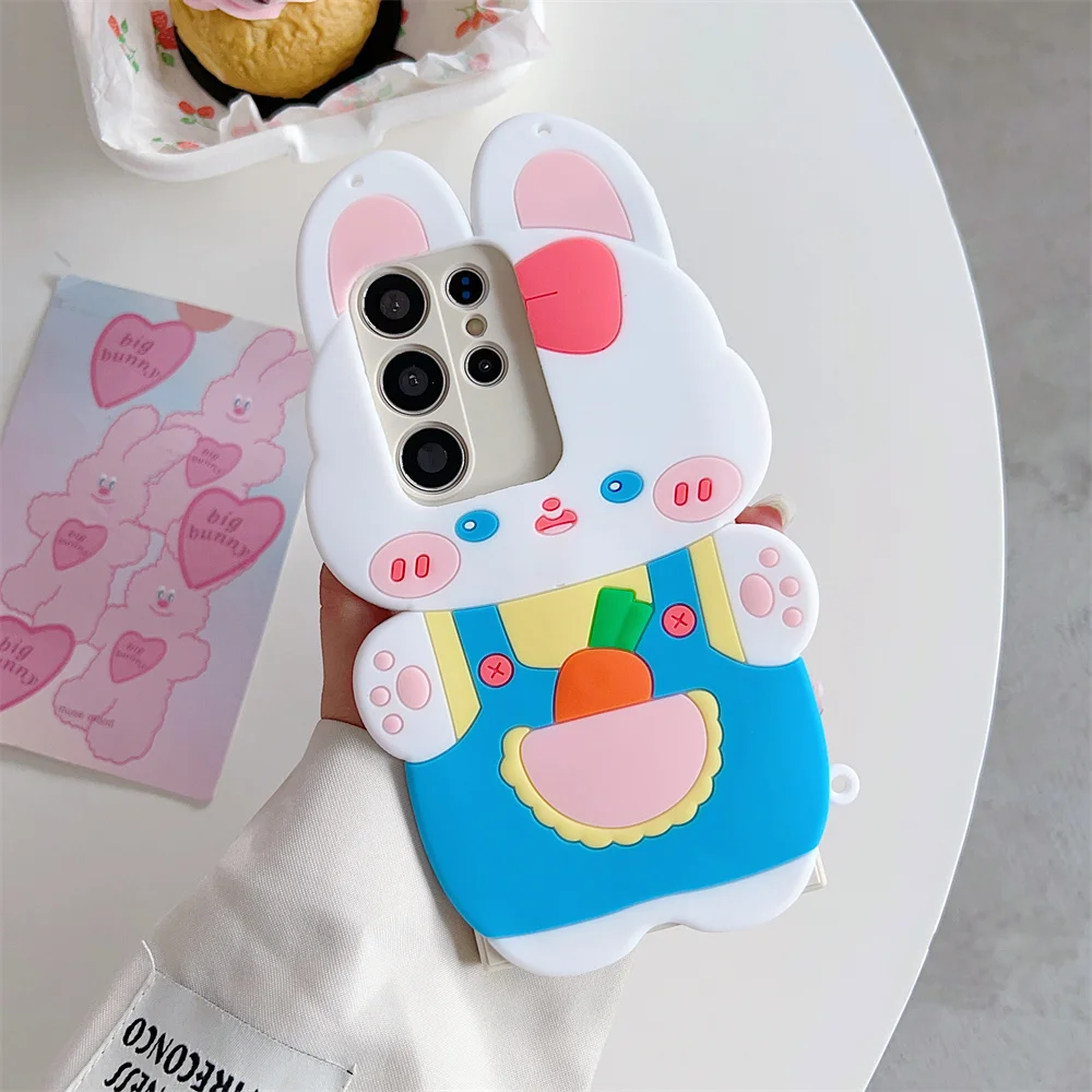 Cute Blush Cheek Bunny Bell Bead Chain Phone Case for 17 Pro Max Crossbody Strap Silicone Protective Cover for iPhone 16 15 14