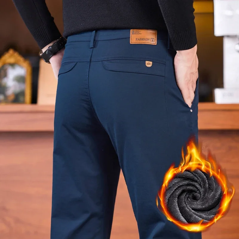 

Мужские зимние флисовые прямые брюки на утолщенной плюшевой подкладке, эластичные удобные деловые брюки, модные теплые мужские повседневные брюки с карманами
