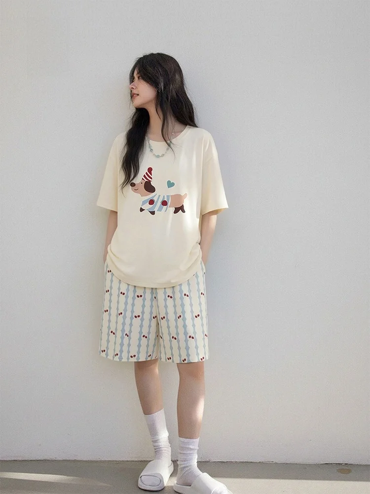PinkBread Strawberry Dog Women's Summer Sleepwear Pure Cotton Short Sleeve Home Clothes Suitable for Outdoor Wear