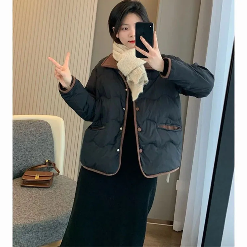 

Korean Women Long Sleeves Puffer Jacket Winter Ladies Patchwork Short Down Cotton Coat 2025 Female Lapel Cotton Padded Outwear
