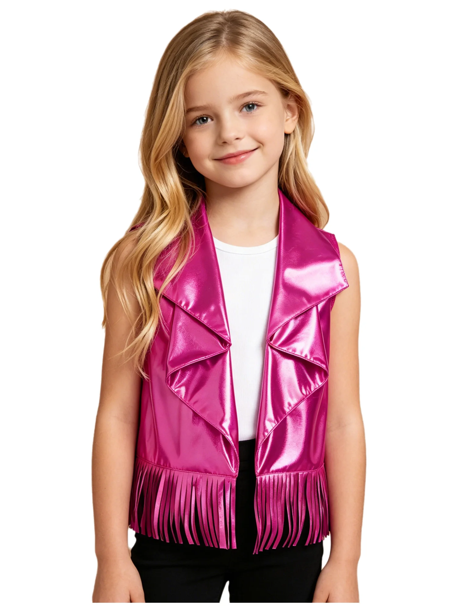 

Kids Girls Metallic Shiny Sleeveless Tank Top Bottom Tassel Trim Stretchy for Jazz Dance Stage Performance Competition