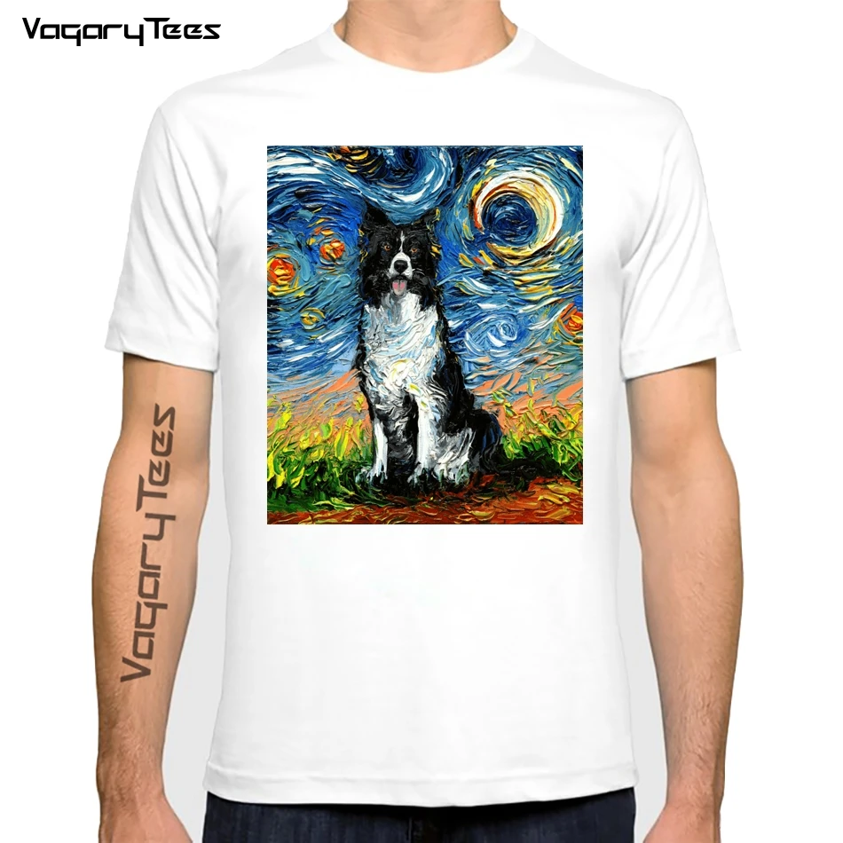 Border Collie Night dog painting Funny T Shirt for Men and Women Unisex Graphic Portrait Pet Design T-Shirt Men Streewear