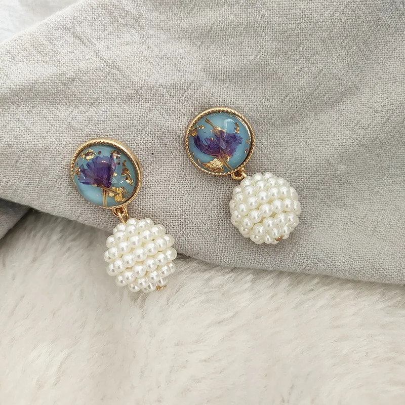 

Genty Blue Star Dust True Dry Flower Fragment Pearl Ball Dangle Earrings for Women New Trendy Earrings