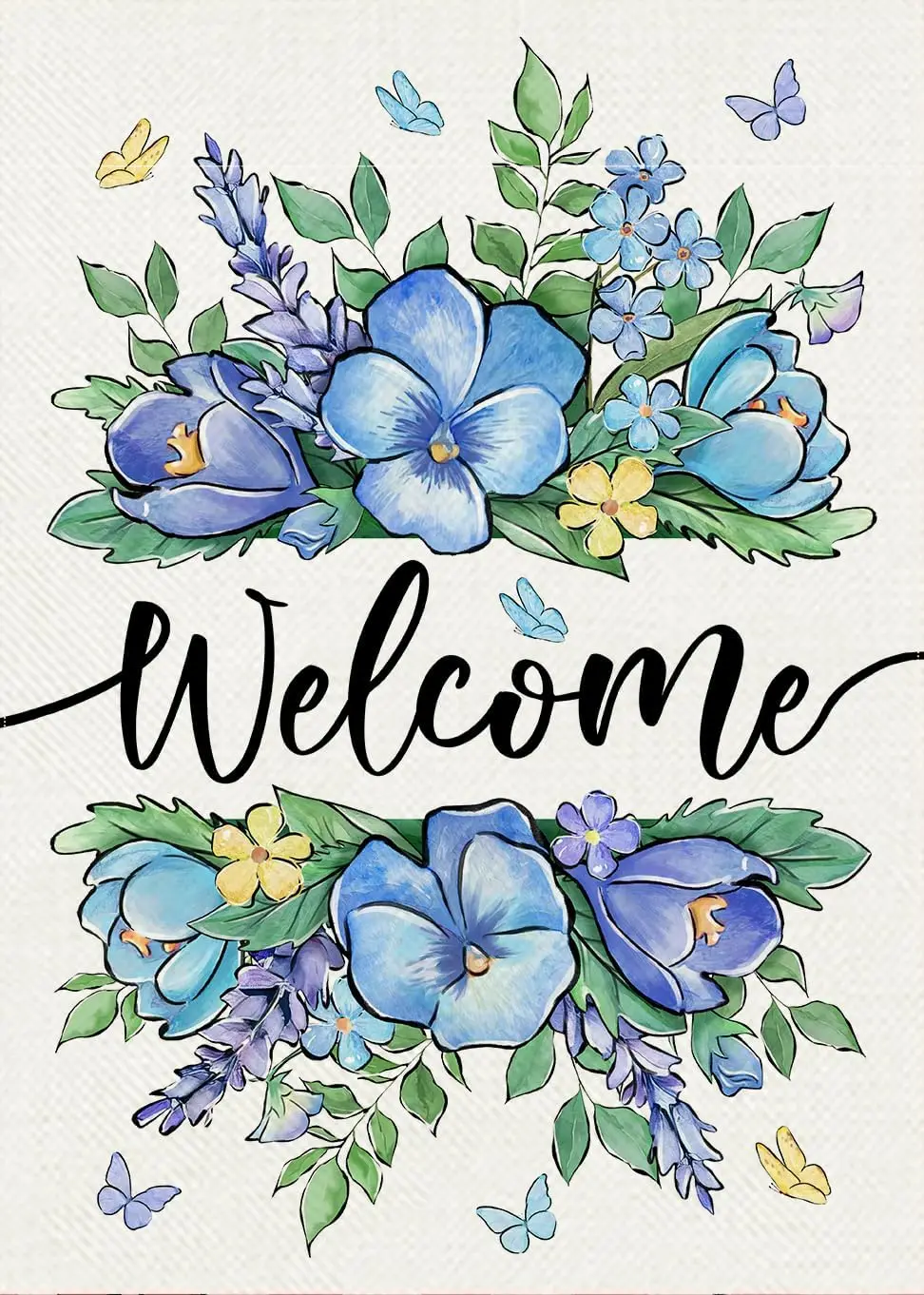 Welcome Spring Floral Flowers Decorative Garden Flag, Blue Pansy Lavender Butterfly Yard Outside Decorations, Summer Seasonal Ou