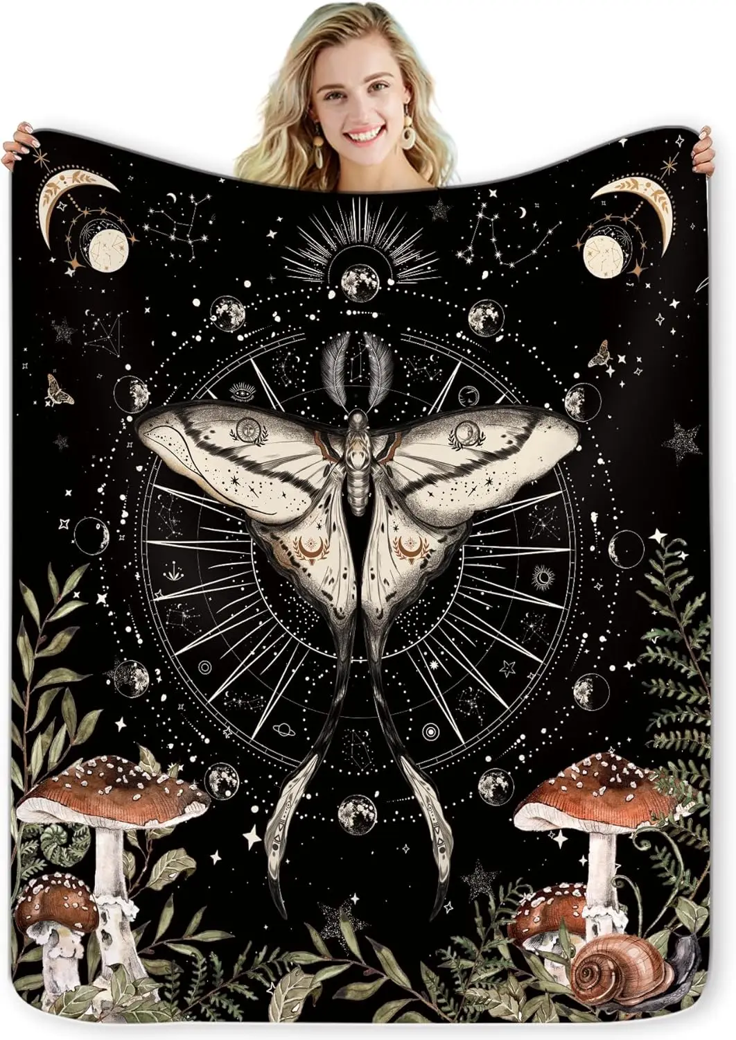 Moth Mushroom Gothic Flannel Blanket Mysterious Moon Phase Gothic Night Soft Blanket Sofa Office Throw Birthday Gift