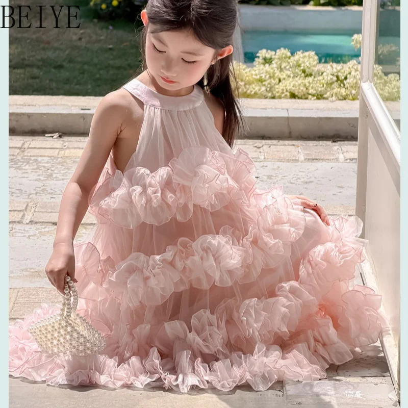 Halter Maxi Tutu Bridesmaid Dress for Girls Tiered Frill Mesh Vacation Dress Children Sleeveless Wedding Princess Outfit