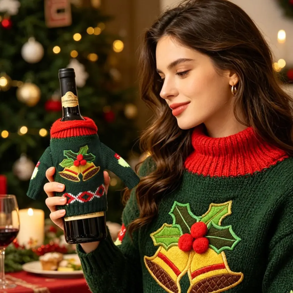Elk Wine Bottle Cover Reusable Cover Snowflake Christmas Knitted Bottle Cover with Mini Santa Hat Santa Claus Beer Bottle Cover